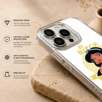 Cartoon design with 'Bitch Please' text on phone case — Info