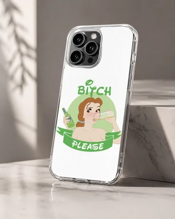 Cartoon woman with drink and 'Bitch Please' text on phone case