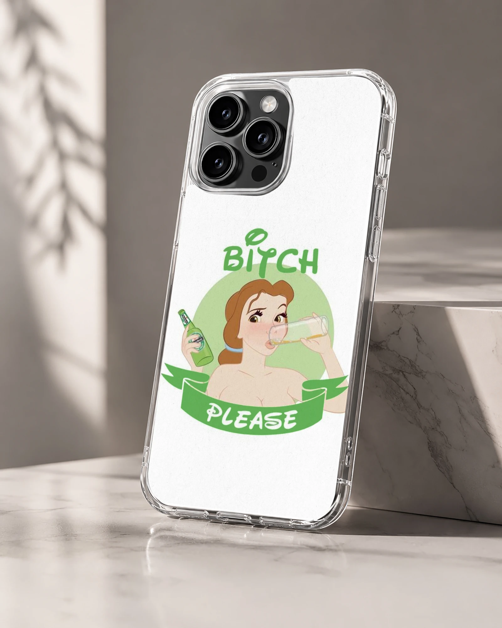 Cartoon woman with drink and 'Bitch Please' text on phone case