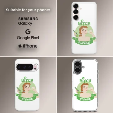 Cartoon woman with drink and 'Bitch Please' text on phone case — Collage