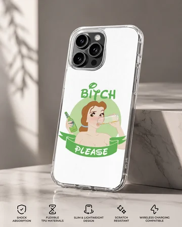 Cartoon woman with drink and 'Bitch Please' text on phone case — Specs
