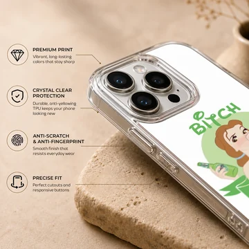 Cartoon woman with drink and 'Bitch Please' text on phone case — Info