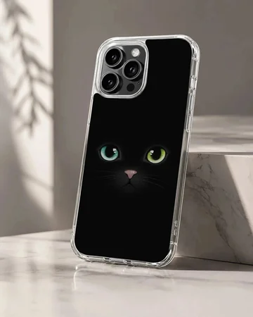 Black Cat phone case with mystical eyes and dark background