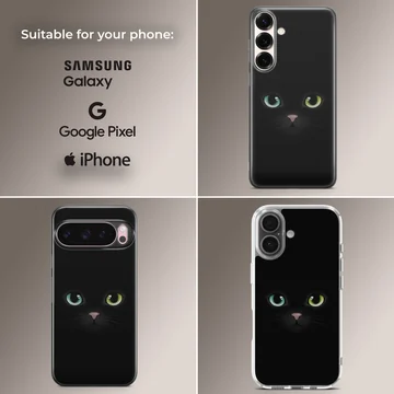 Black Cat phone case with mystical eyes and dark background — Collage