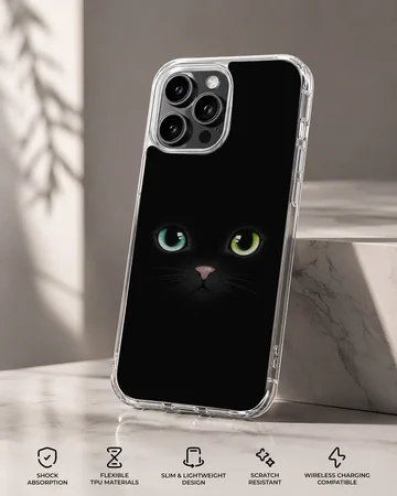 Black Cat phone case with mystical eyes and dark background — Specs