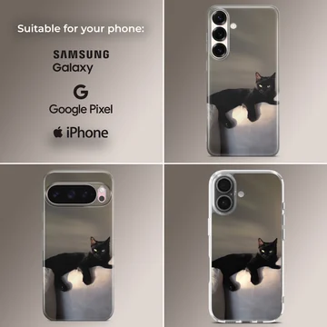 Black cat lounging in serene setting on phone case — Collage