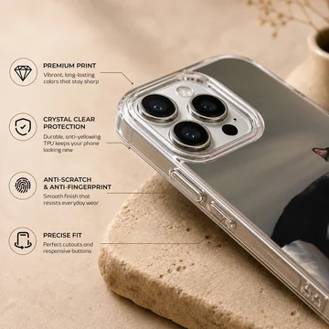 Black cat lounging in serene setting on phone case — Info