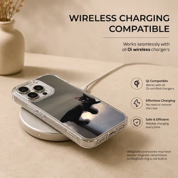 Black cat lounging in serene setting on phone case — Charging