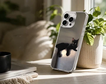 Black cat lounging in serene setting on phone case — Lifestyle