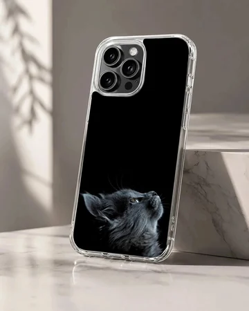 Black cat looking up on a phone case