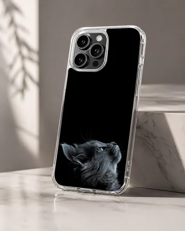 Black cat looking up on a phone case — Hero