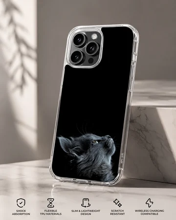 Black cat looking up on a phone case — Specs