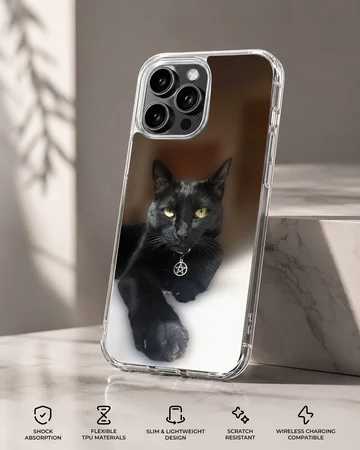 Photographic black cat with pentacle charm phone case — Specs