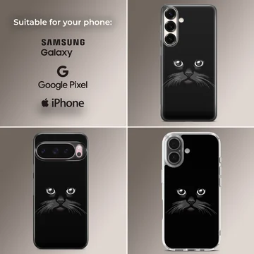 Black cat design on phone case, enigmatic feline art — Collage