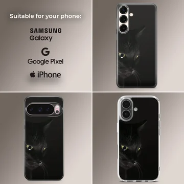 Elegant black cat close-up on phone case — Collage
