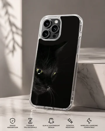 Elegant black cat close-up on phone case — Specs