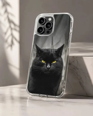Black cat with piercing yellow eyes on a phone case