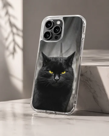 Black cat with piercing yellow eyes on a phone case — Hero