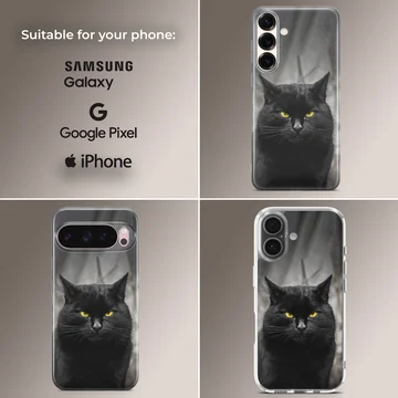 Black cat with piercing yellow eyes on a phone case — Collage