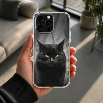 Black cat with piercing yellow eyes on a phone case — Lifestyle
