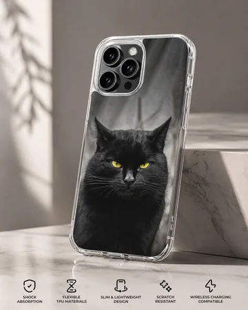 Black cat with piercing yellow eyes on a phone case — Specs