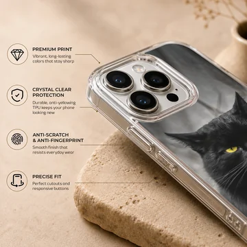 Black cat with piercing yellow eyes on a phone case — Info