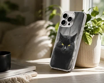Black cat with piercing yellow eyes on a phone case — Lifestyle