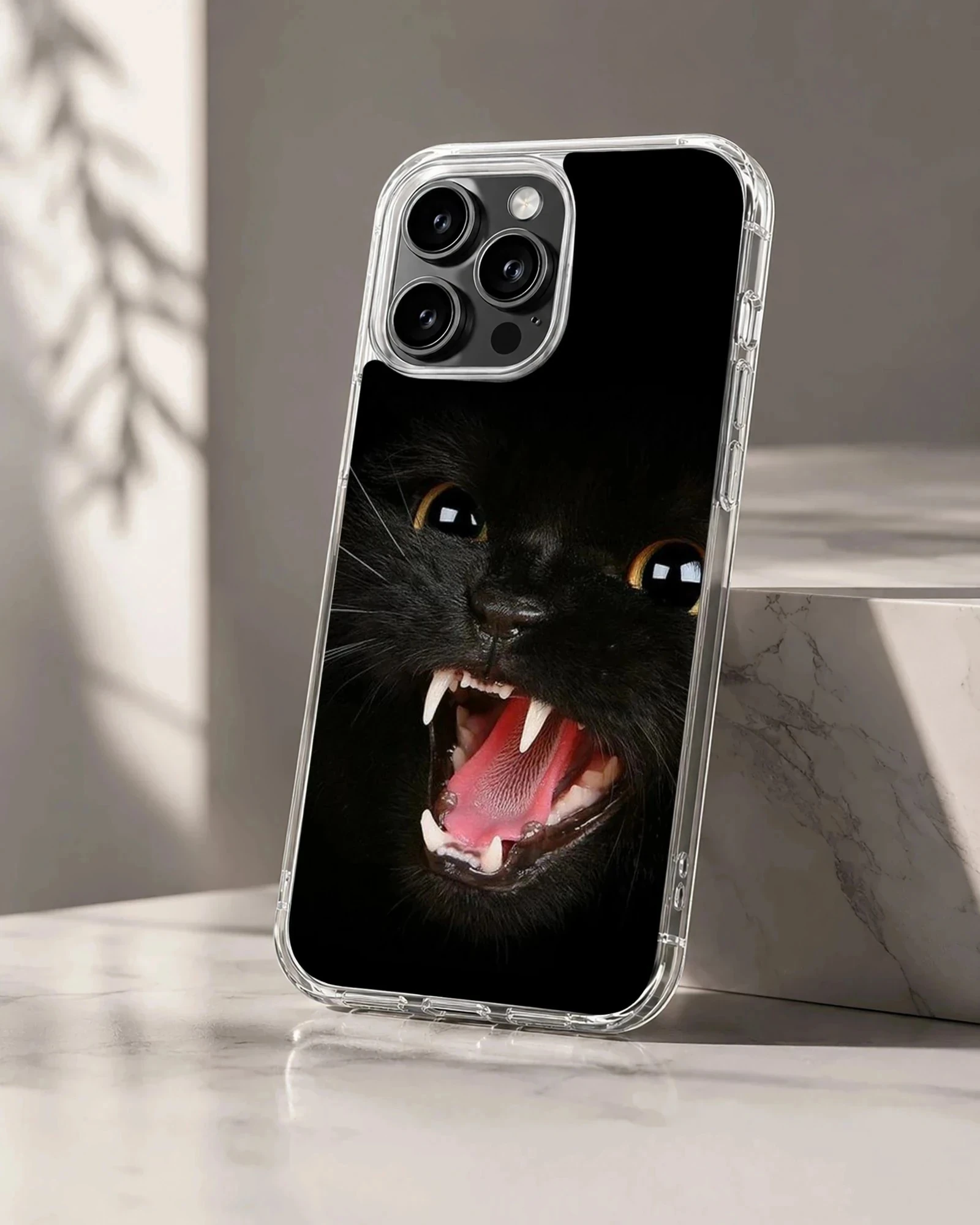 Playful black cat with open mouth on phone case