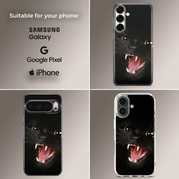 Playful black cat with open mouth on phone case — Collage