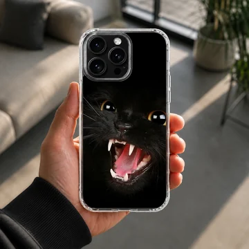 Playful black cat with open mouth on phone case — Lifestyle