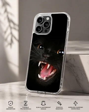 Playful black cat with open mouth on phone case — Specs