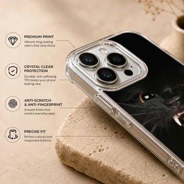 Playful black cat with open mouth on phone case — Info