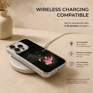 Playful black cat with open mouth on phone case — Charging