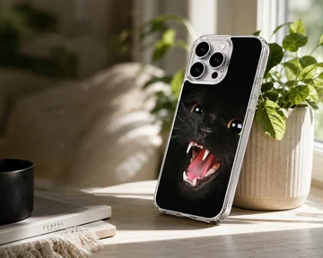 Playful black cat with open mouth on phone case — Lifestyle