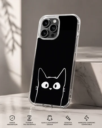 Playful black cat in minimalist design on phone case — Specs