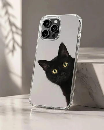 Photographic artwork of a playful black cat on a phone case