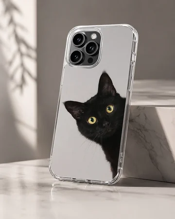Photographic artwork of a playful black cat on a phone case — Hero