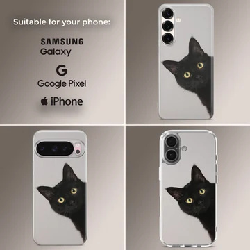 Photographic artwork of a playful black cat on a phone case — Collage