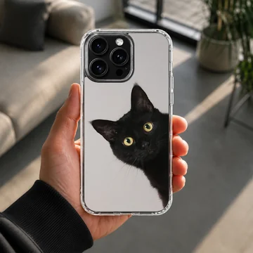 Photographic artwork of a playful black cat on a phone case — Lifestyle