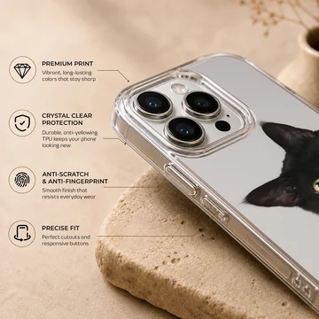 Photographic artwork of a playful black cat on a phone case — Info