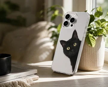 Photographic artwork of a playful black cat on a phone case — Lifestyle