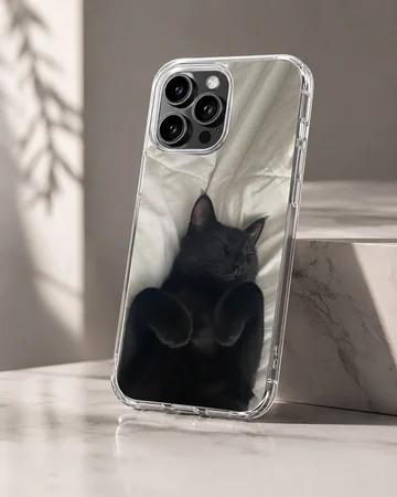 Black cat lounging on soft fabric design phone case — Hero