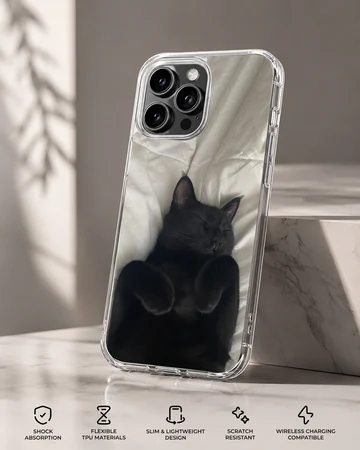 Black cat lounging on soft fabric design phone case — Specs