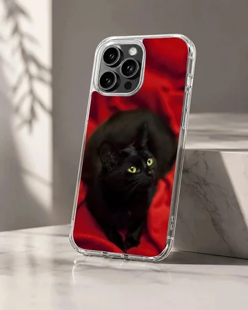 Black cat with green eyes on red background phone case