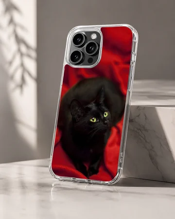Black cat with green eyes on red background phone case — Hero