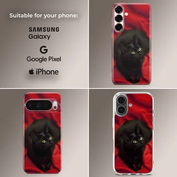 Black cat with green eyes on red background phone case — Collage