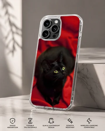 Black cat with green eyes on red background phone case — Specs
