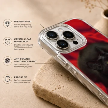 Black cat with green eyes on red background phone case — Info