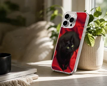 Black cat with green eyes on red background phone case — Lifestyle
