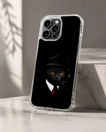 Phone case featuring black cat with hat and orange eyes